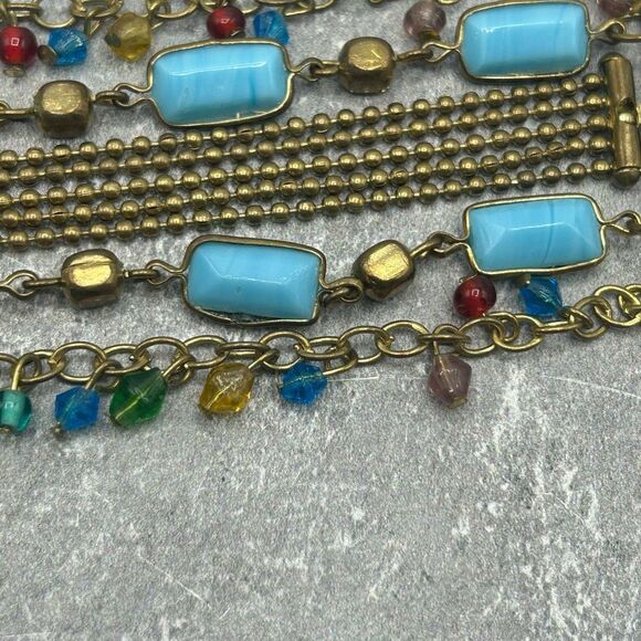 Vintage Brass Gold Tone Blue Beaded Rhinestones Chain Bracelet - Picture 9 of 14